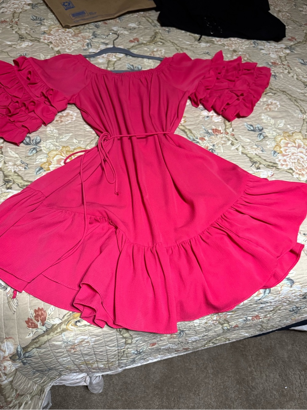 Umgee Hot Pink Ruffle Sleeve Tiered Dress